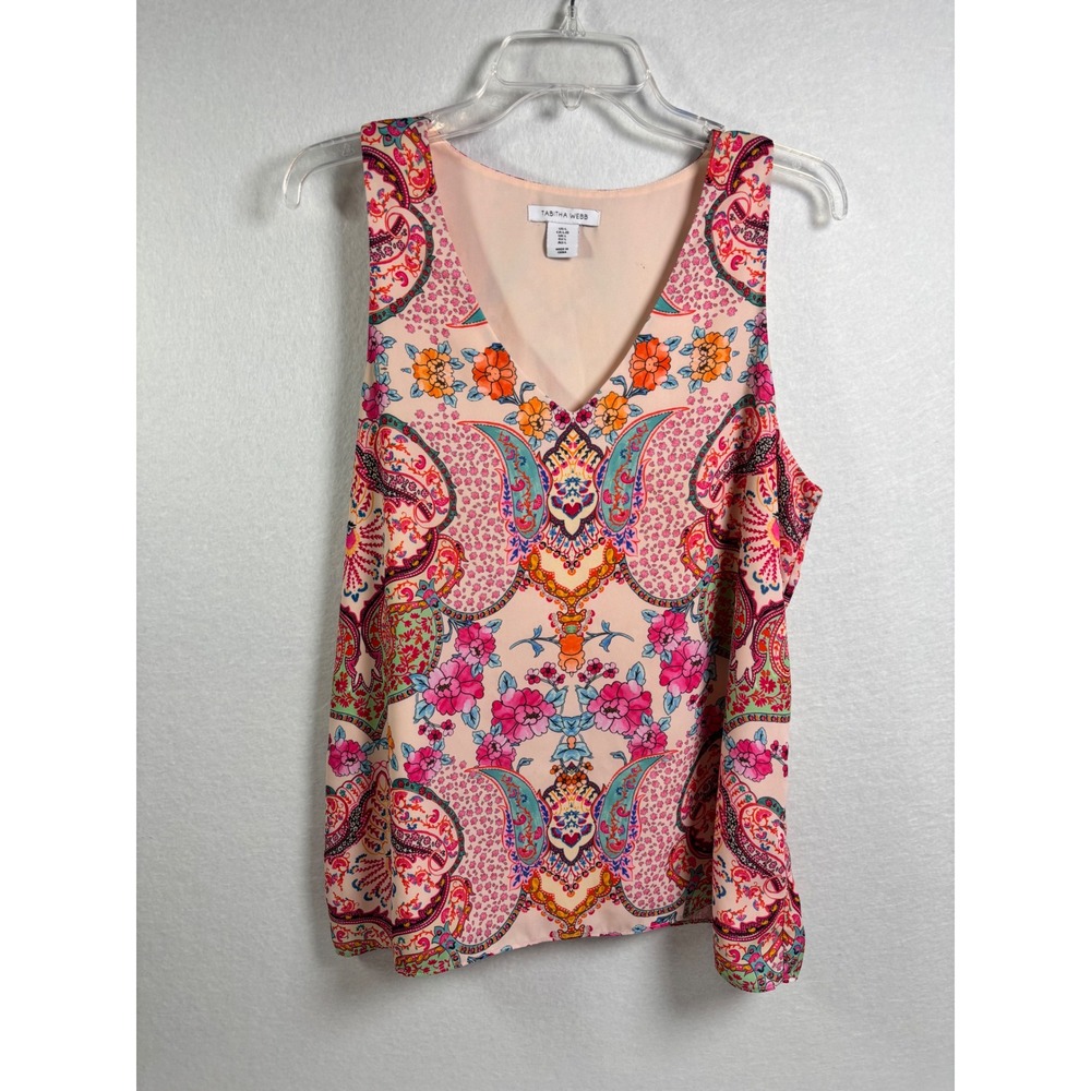 Tabitha Webb Womens Large Pink Paisley Floral V-Neck Sleeveless Blouse Tank Top